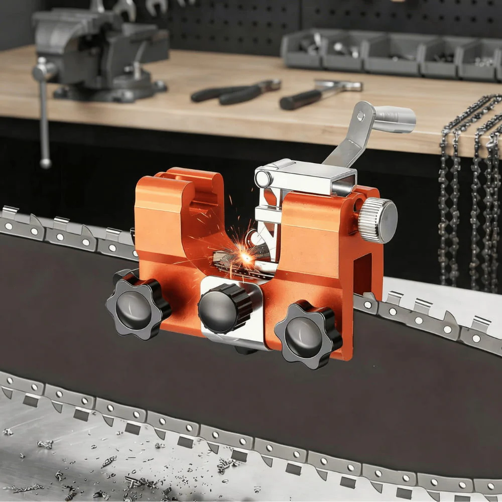 Herramienta compacta afiladora de motosierras, construcción metálica duradera
