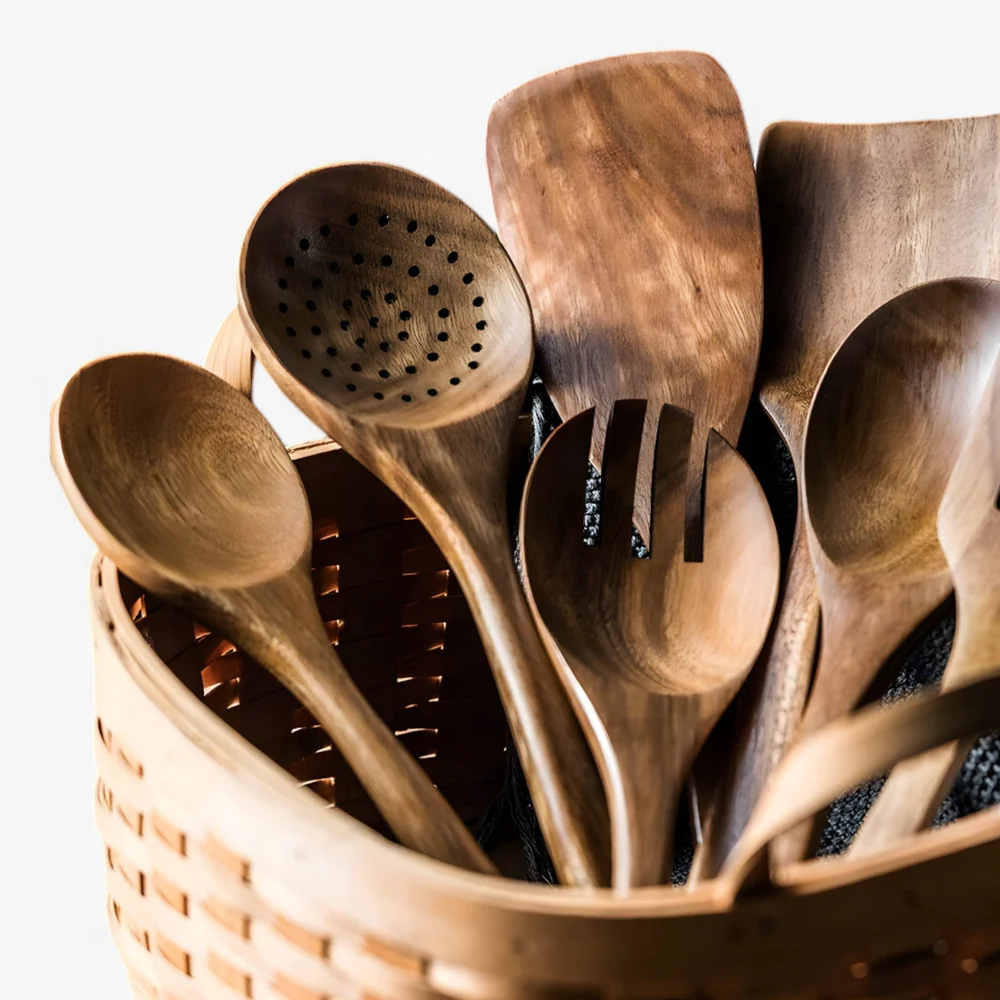 Juego de utensilios de cocina de madera natural