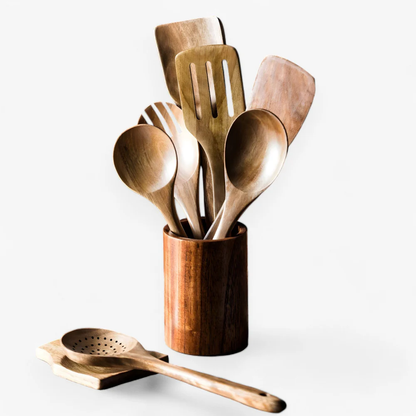 Juego de utensilios de cocina de madera natural