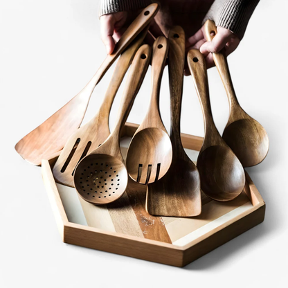 Juego de utensilios de cocina de madera natural