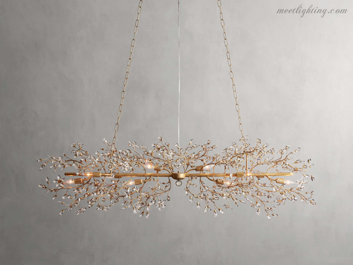 Crystal Branch Chandelier 8-10 Light Linear Fixture for Dining Room Gold Silver Bronze Finish