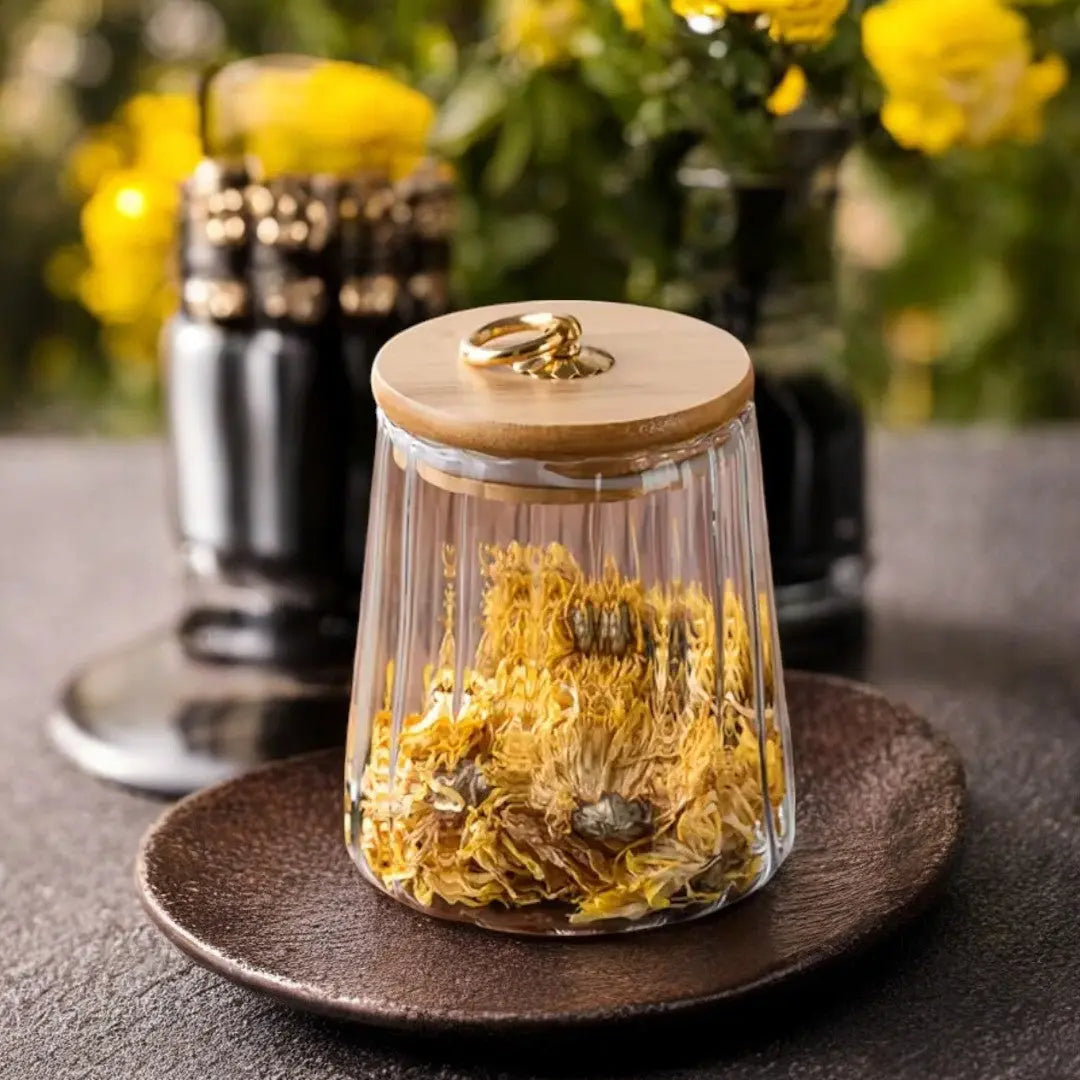 Glass Canister with Wooden Lid for Pantry Organization Kitchen Counter Storage Jar for Coffee Beans Loose Leaf Tea Dried Herbs Snacks Clear