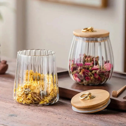 Glass Canister with Wooden Lid for Pantry Organization Kitchen Counter Storage Jar for Coffee Beans Loose Leaf Tea Dried Herbs Snacks Clear