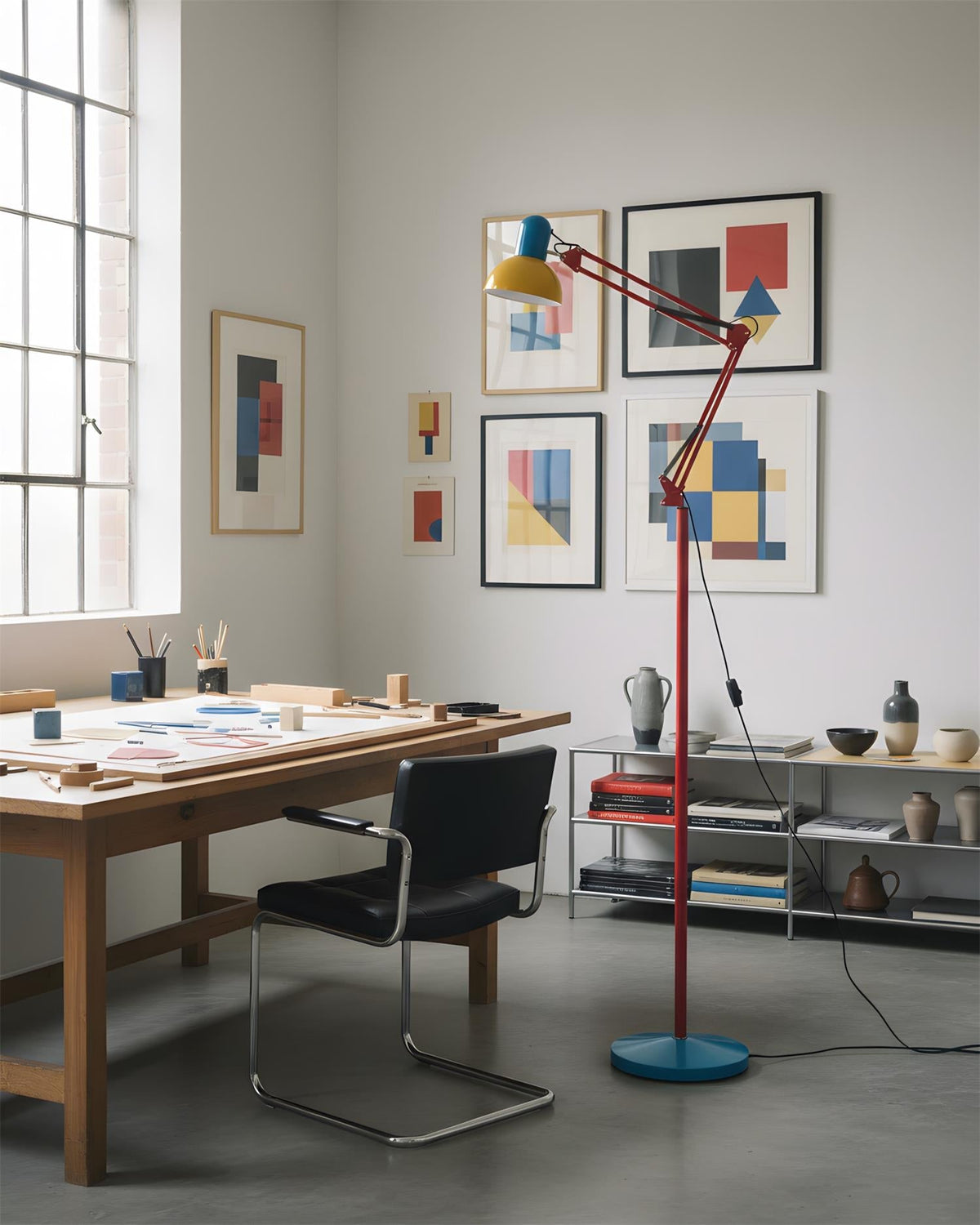 Articulated Task Lamp Standing Light 74 Inches Tall Posable Metal Reading Lamp Blue Red Yellow Colorful Modern Accent for Living Room Office