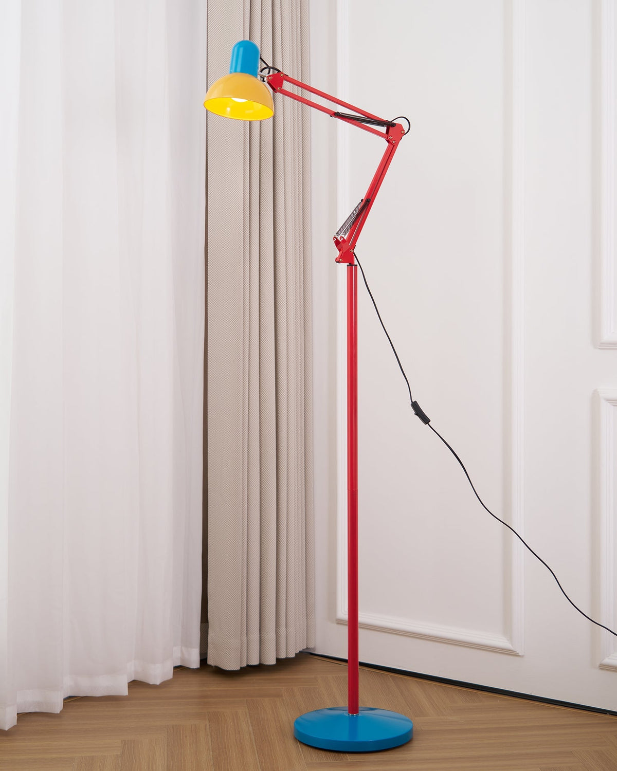 Articulated Task Lamp Standing Light 74 Inches Tall Posable Metal Reading Lamp Blue Red Yellow Colorful Modern Accent for Living Room Office