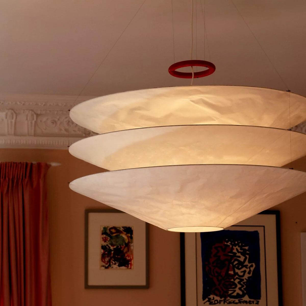 Circular Hoop Hanging Lamp with Textured Shades Red 30-Inch Fixture for Island & Table Lighting