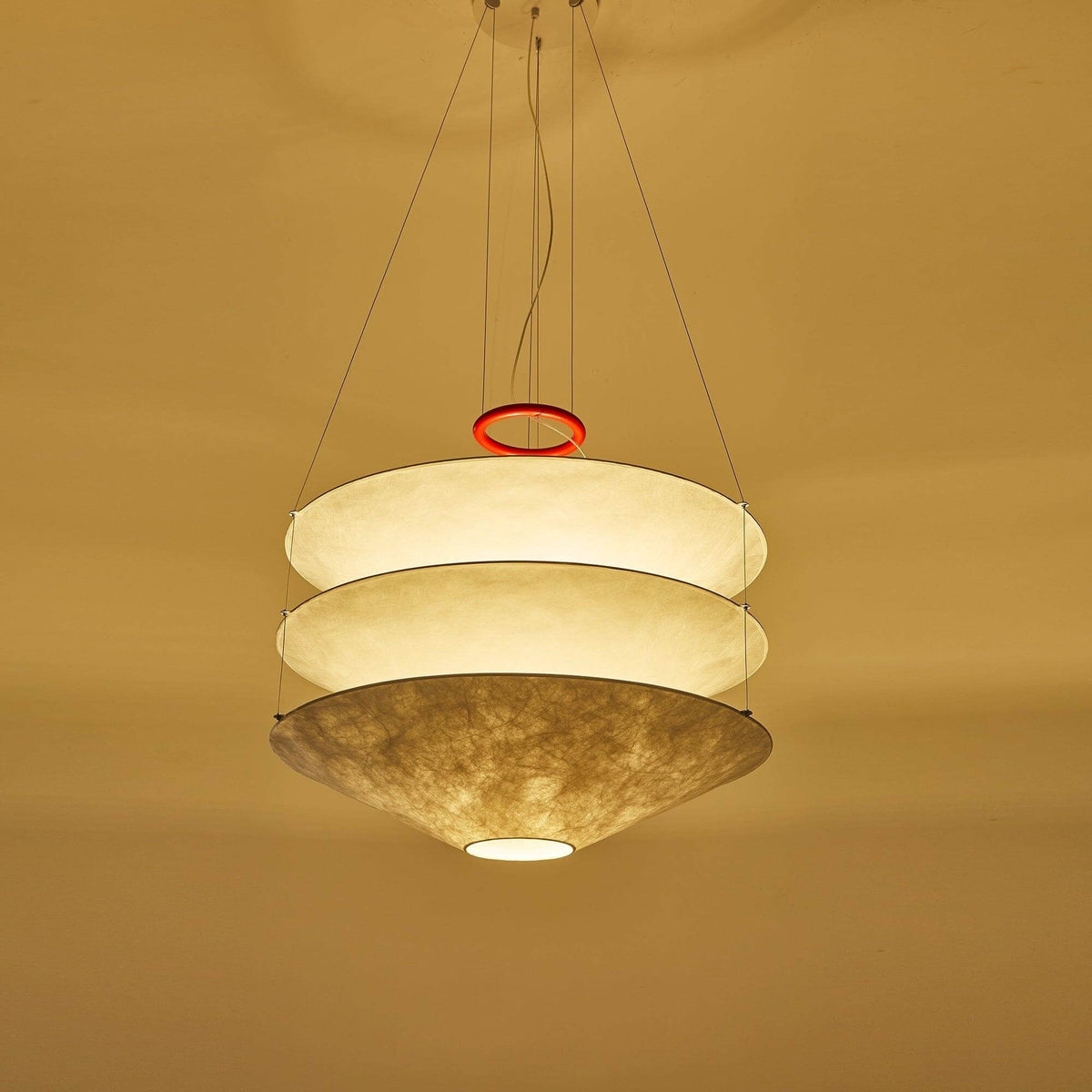 Circular Hoop Hanging Lamp with Textured Shades Red 30-Inch Fixture for Island & Table Lighting