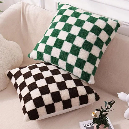 Flora Cushion Cover - Plush Faux Fur, Checkered Design for Sofa
