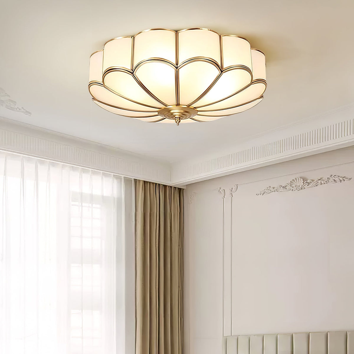 Flush Mount Glass Shade Fixture with Brass Frame Round Design for Entryway Kitchen Bedroom Ambient Overhead Lighting Home Décor