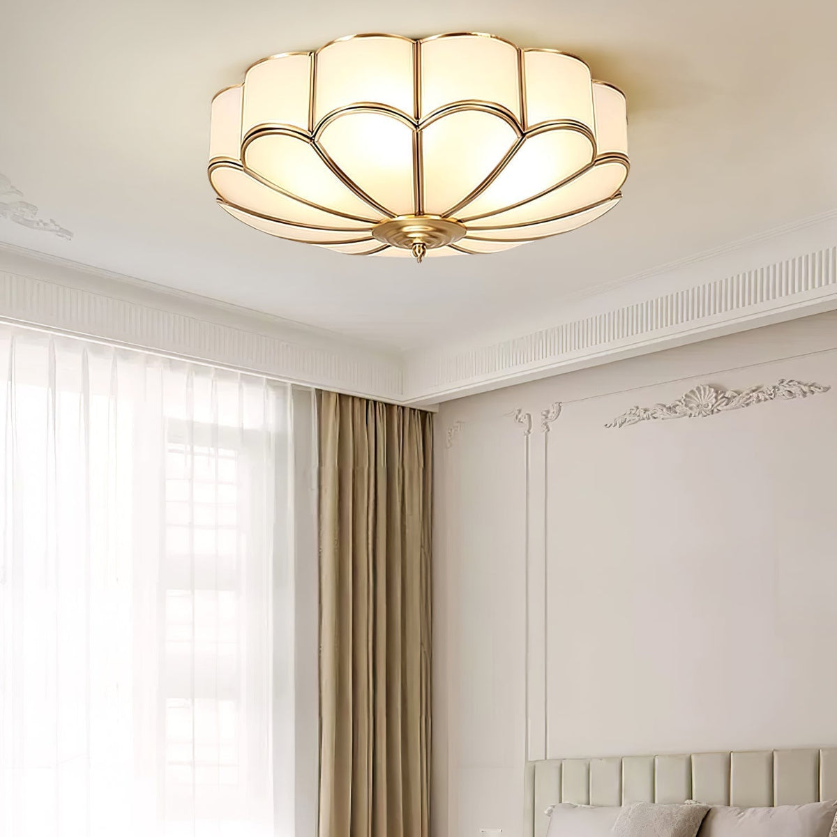 Flush Mount Glass Shade Fixture with Brass Frame Round Design for Entryway Kitchen Bedroom Ambient Overhead Lighting Home Décor