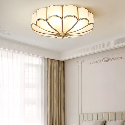 Flush Mount Glass Shade Fixture with Brass Frame Round Design for Entryway Kitchen Bedroom Ambient Overhead Lighting Home Décor