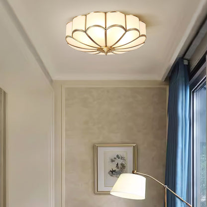 Gold Flush Mount Light Fixture Round Glass Shade Brass Frame Diffused Glow for Entryway Dining Room Bedroom LED Compatible Multi-Bulb