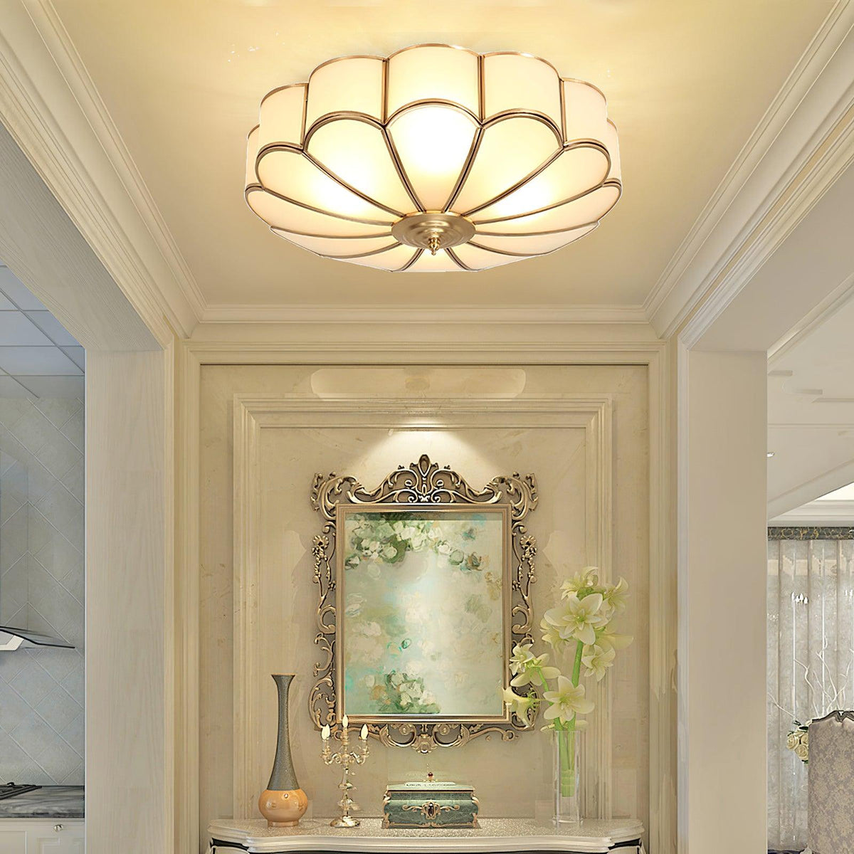 Flush Mount Glass Shade Fixture with Brass Frame Round Design for Entryway Kitchen Bedroom Ambient Overhead Lighting Home Décor