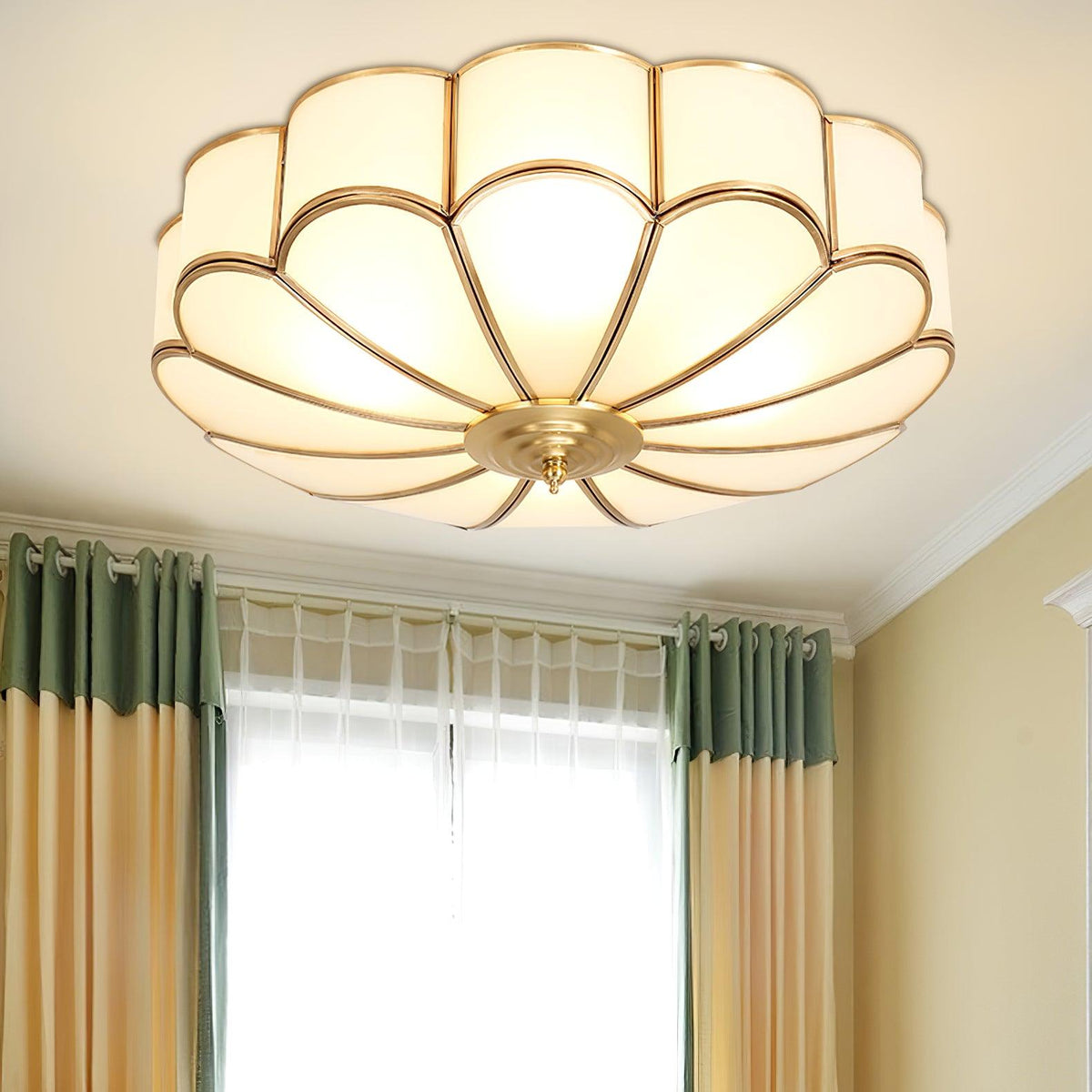 Flush Mount Glass Shade Fixture with Brass Frame Round Design for Entryway Kitchen Bedroom Ambient Overhead Lighting Home Décor