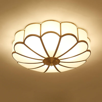 Flush Mount Glass Shade Fixture with Brass Frame Round Design for Entryway Kitchen Bedroom Ambient Overhead Lighting Home Décor