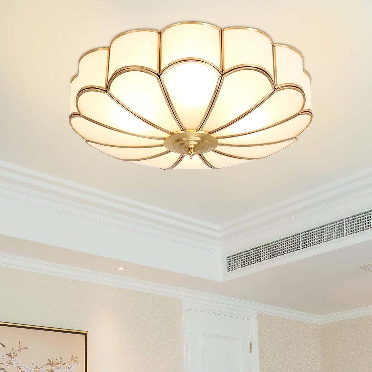 Flush Mount Glass Shade Fixture with Brass Frame Round Design for Entryway Kitchen Bedroom Ambient Overhead Lighting Home Décor