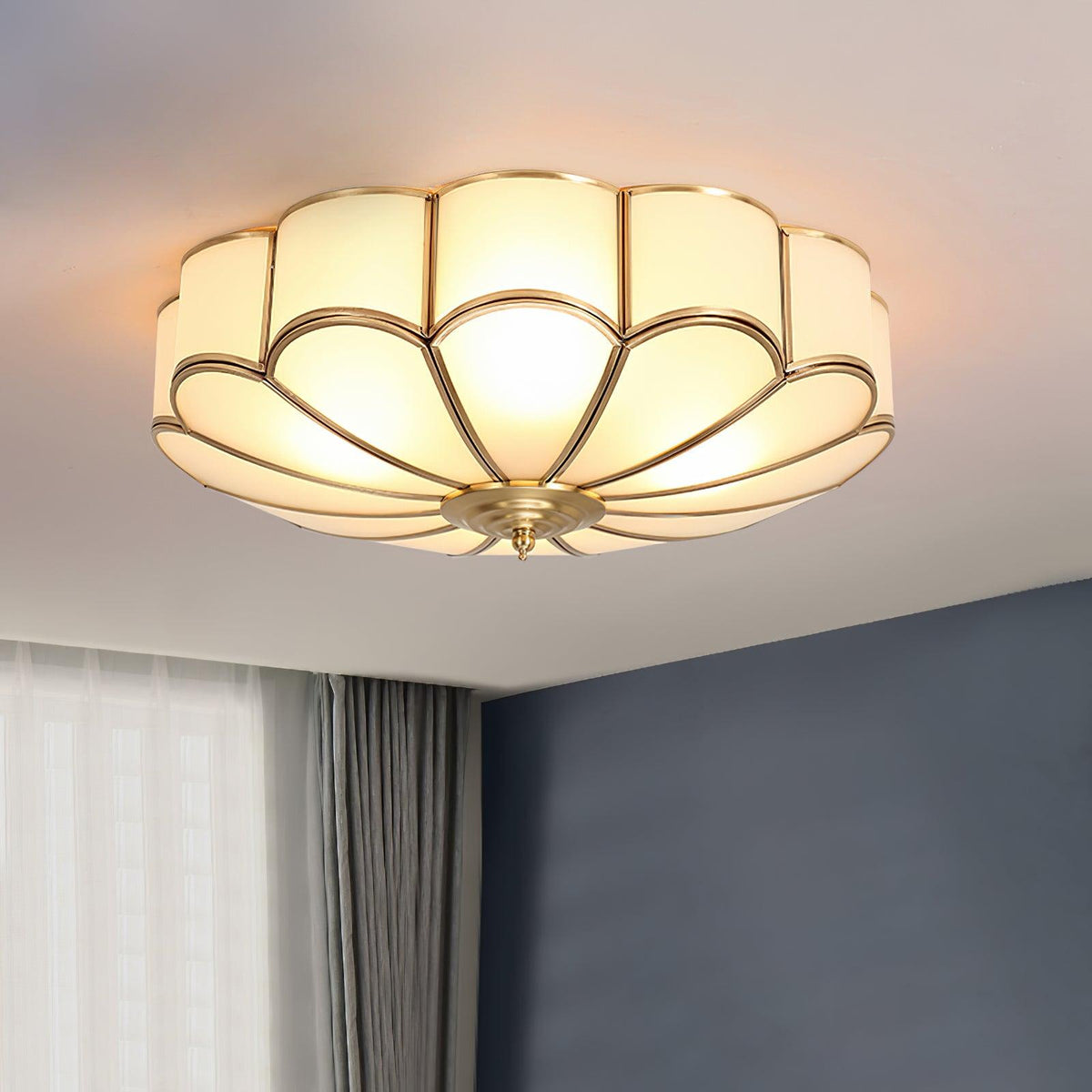 Gold Flush Mount Light Fixture Round Glass Shade Brass Frame Diffused Glow for Entryway Dining Room Bedroom LED Compatible Multi-Bulb