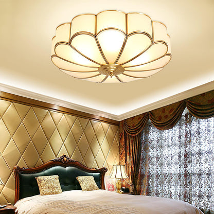 Flush Mount Glass Shade Fixture with Brass Frame Round Design for Entryway Kitchen Bedroom Ambient Overhead Lighting Home Décor