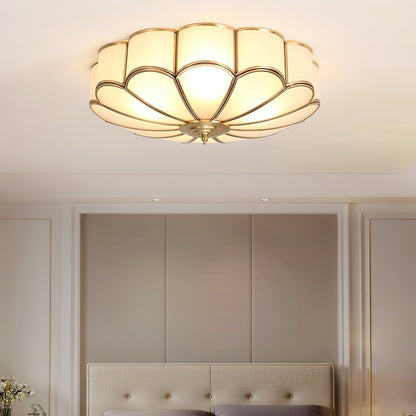 Gold Flush Mount Light Fixture Round Glass Shade Brass Frame Diffused Glow for Entryway Dining Room Bedroom LED Compatible Multi-Bulb