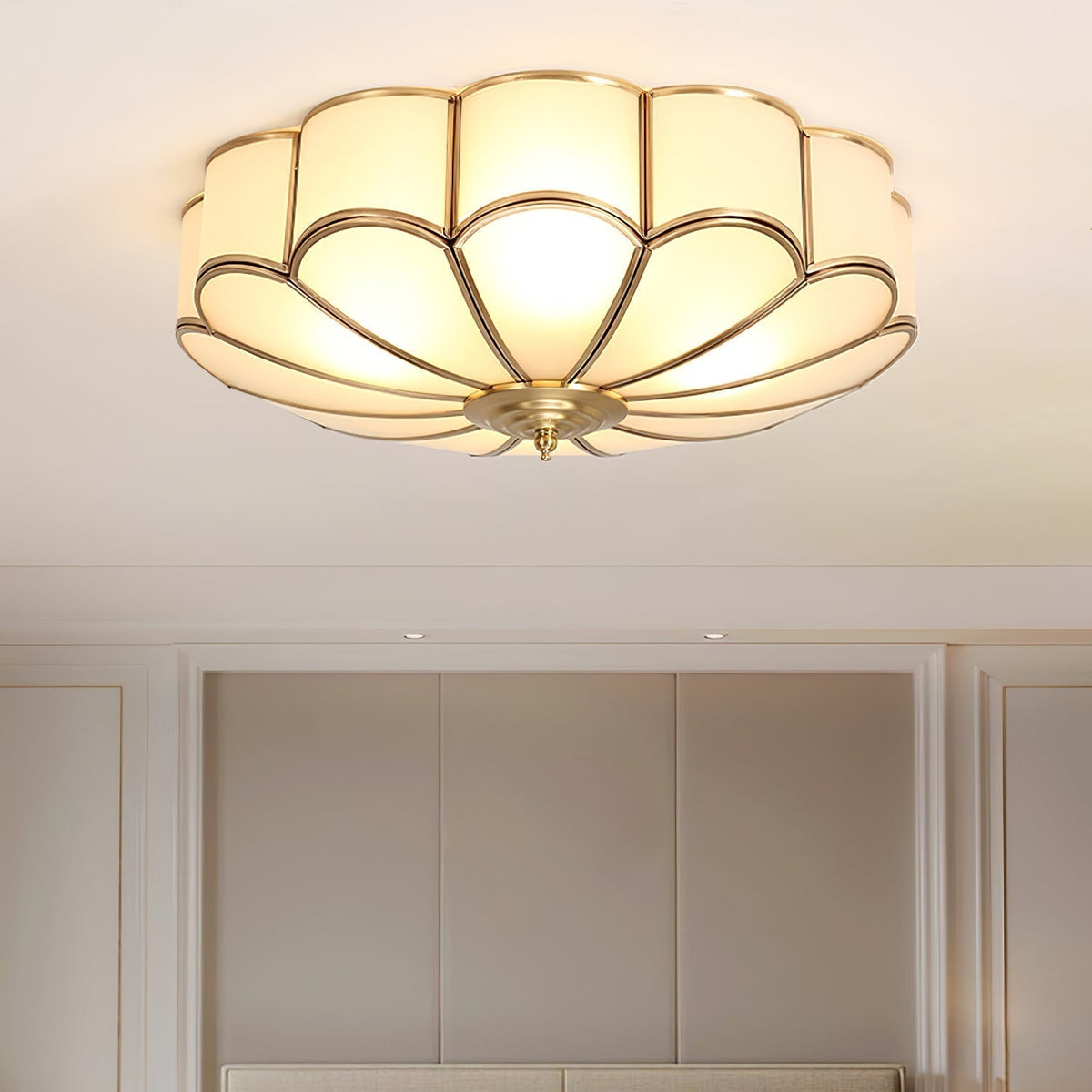 Flush Mount Glass Shade Fixture with Brass Frame Round Design for Entryway Kitchen Bedroom Ambient Overhead Lighting Home Décor