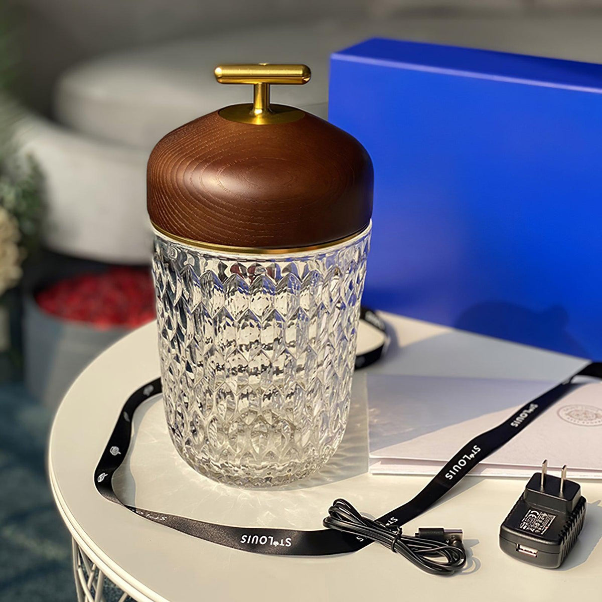 Rechargeable Crystal Desk Lamp with Wood Accents & USB Port – 11 in Cordless LED Reading Light for Nightstand, Office, Bedroom, Patio