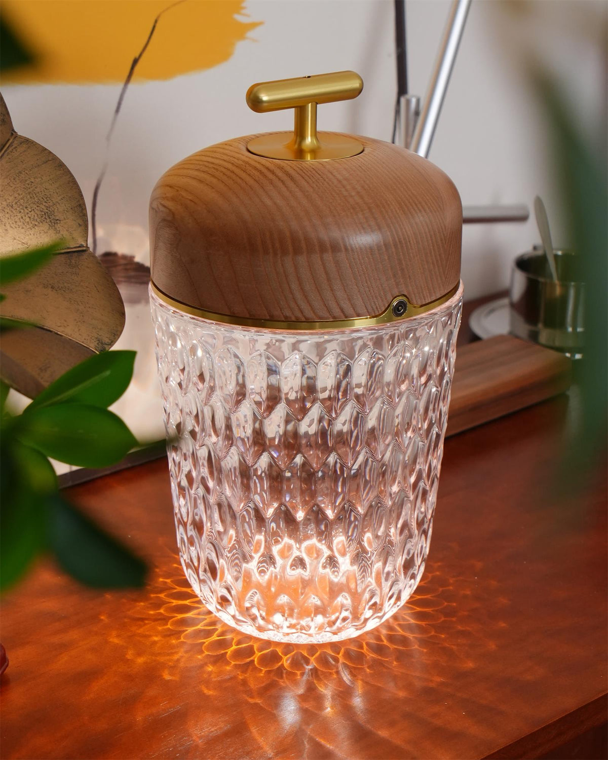 Rechargeable Crystal Desk Lamp with Wood Accents & USB Port – 11 in Cordless LED Reading Light for Nightstand, Office, Bedroom, Patio