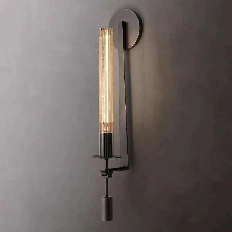 Vintage Brass Wall Light with Ribbed Glass Shade – Edison Bulb Fixture for Bedroom & Dining Room