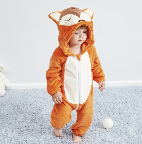 Mameluco con capucha y cierre para bebé con diseño de disfraz de animal para niños y niñas | Pijama tipo loungewear de suave mezcla de algodón y poliéster para bebés de 0-