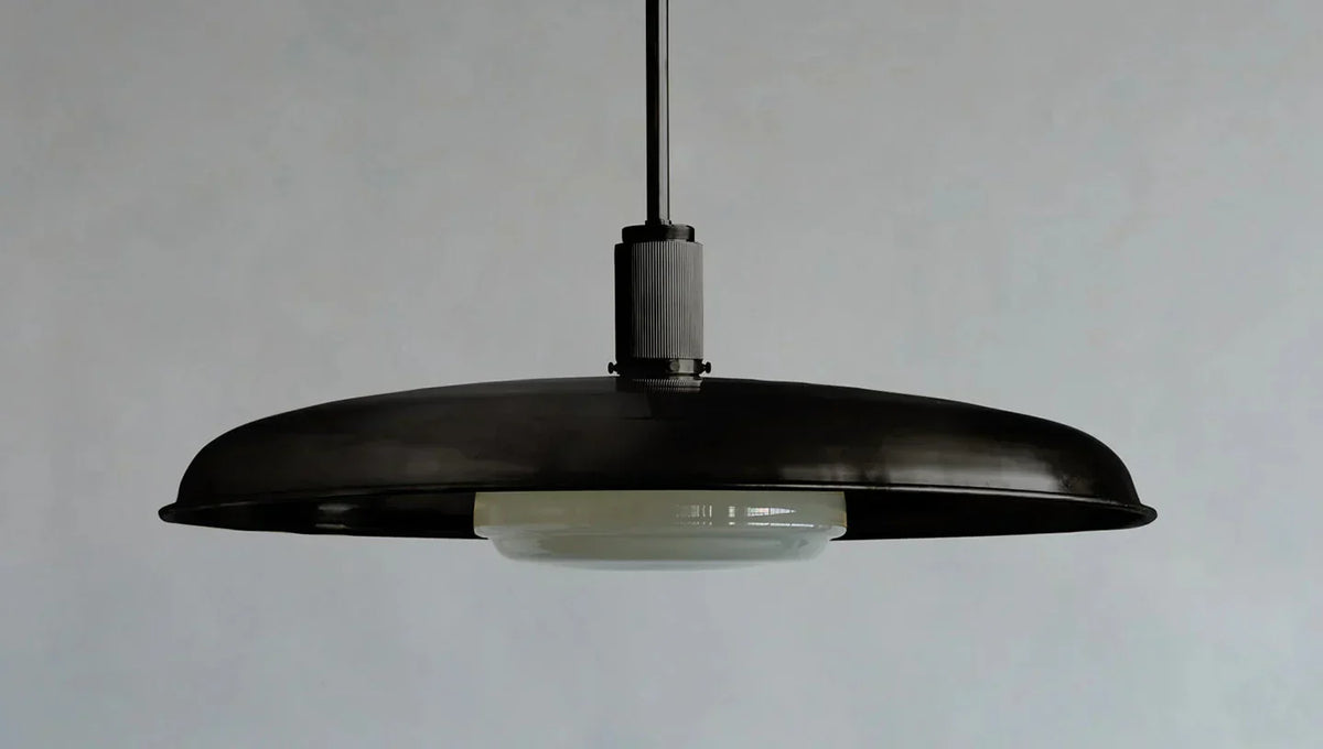 Hand-Spun Brass Pendant Light with Handblown Glass Shade in 5 Finishes – 16, 24 or 34 Inch Round Ceiling Light for Dining Room Kitchen