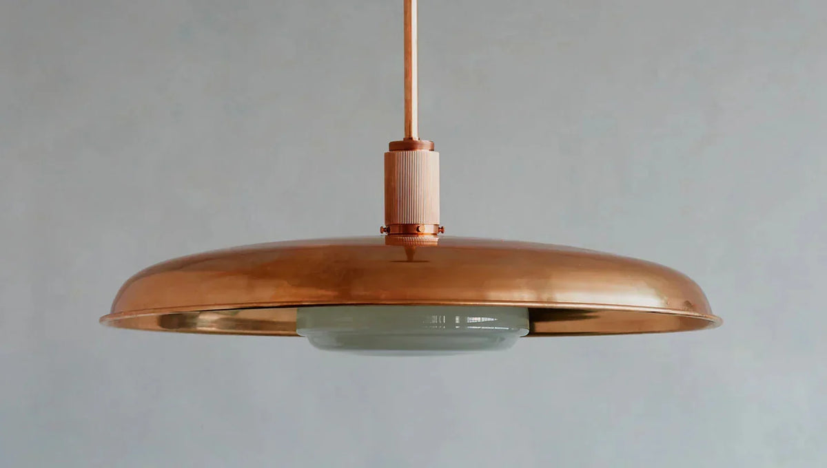 Hand-Spun Brass Pendant Light with Handblown Glass Shade in 5 Finishes – 16, 24 or 34 Inch Round Ceiling Light for Dining Room Kitchen