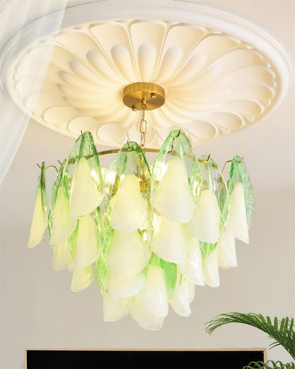 Tiered Glass Petal Ceiling Light Gold Metal Frame for Dining Rooms Living Rooms Foyers Adjustable 20-39 Inch Multi-Level Ambient Fixture