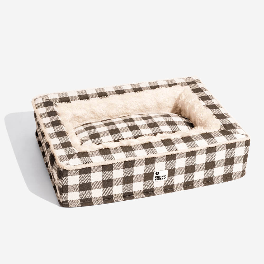 Plaid Raised-Edge Dog Bed with Memory Foam Bolster Support for Calming Sleep | Small to Extra Large Sizes | Classic Checkered Pattern Pet