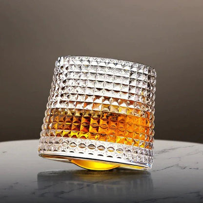 Rotating Crystal Tumbler Set Lead-Free 6.3 in Tall Rocks Glass for Scotch Bourbon Cocktails Home Bar Glassware Unique Swirl Base Design Gift