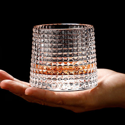 Rotating Crystal Tumbler Set Lead-Free 6.3 in Tall Rocks Glass for Scotch Bourbon Cocktails Home Bar Glassware Unique Swirl Base Design Gift