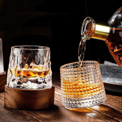 Rotating Crystal Tumbler Set Lead-Free 6.3 in Tall Rocks Glass for Scotch Bourbon Cocktails Home Bar Glassware Unique Swirl Base Design Gift