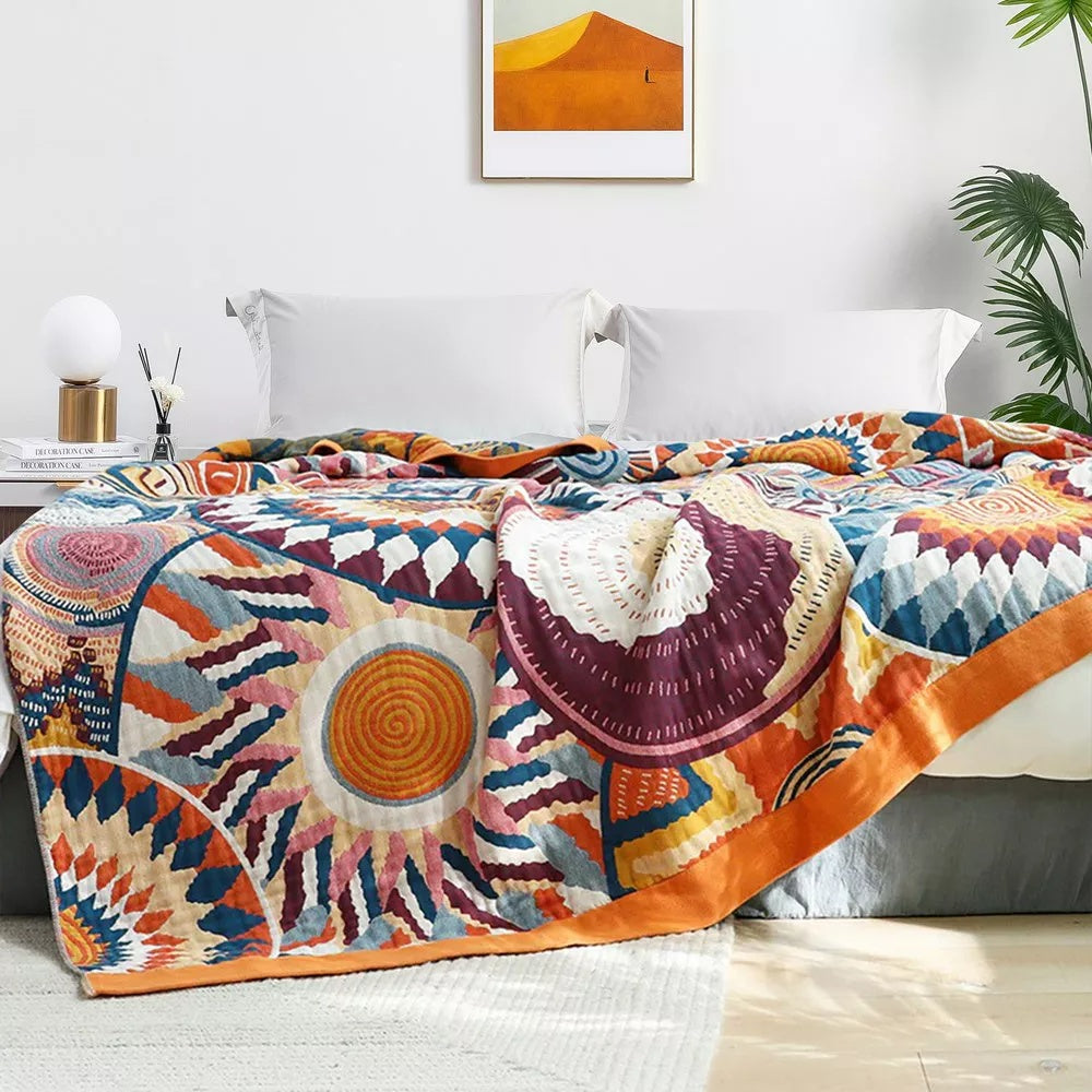 100% Cotton Throw Blanket Sunburst Pattern All-Season Lightweight Bed Sofa Couch Cover for Bedroom Living Room Travel