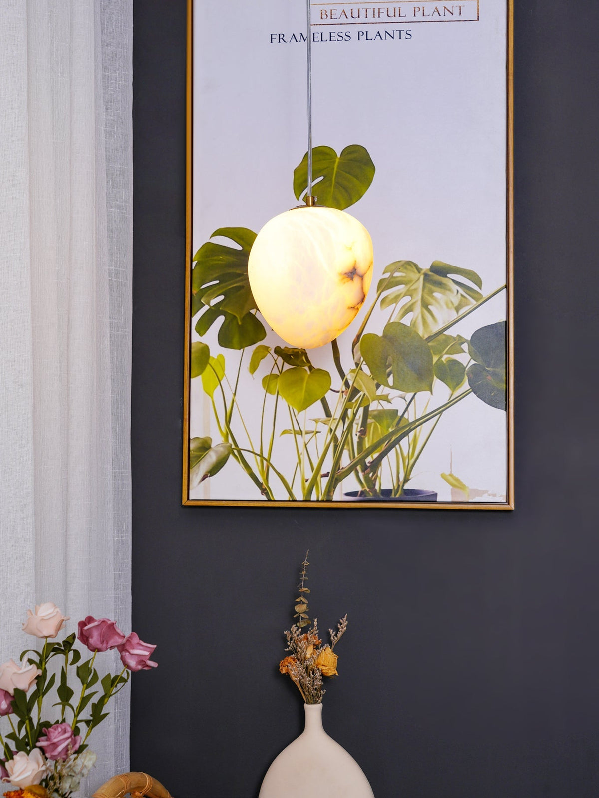 Alabaster Globe Drop Light for Kitchen Island 9 Inch Brass Ceiling Fixture for Dining Room Soft Glow Hanging Fixture Modern Farmhouse G9 Bas