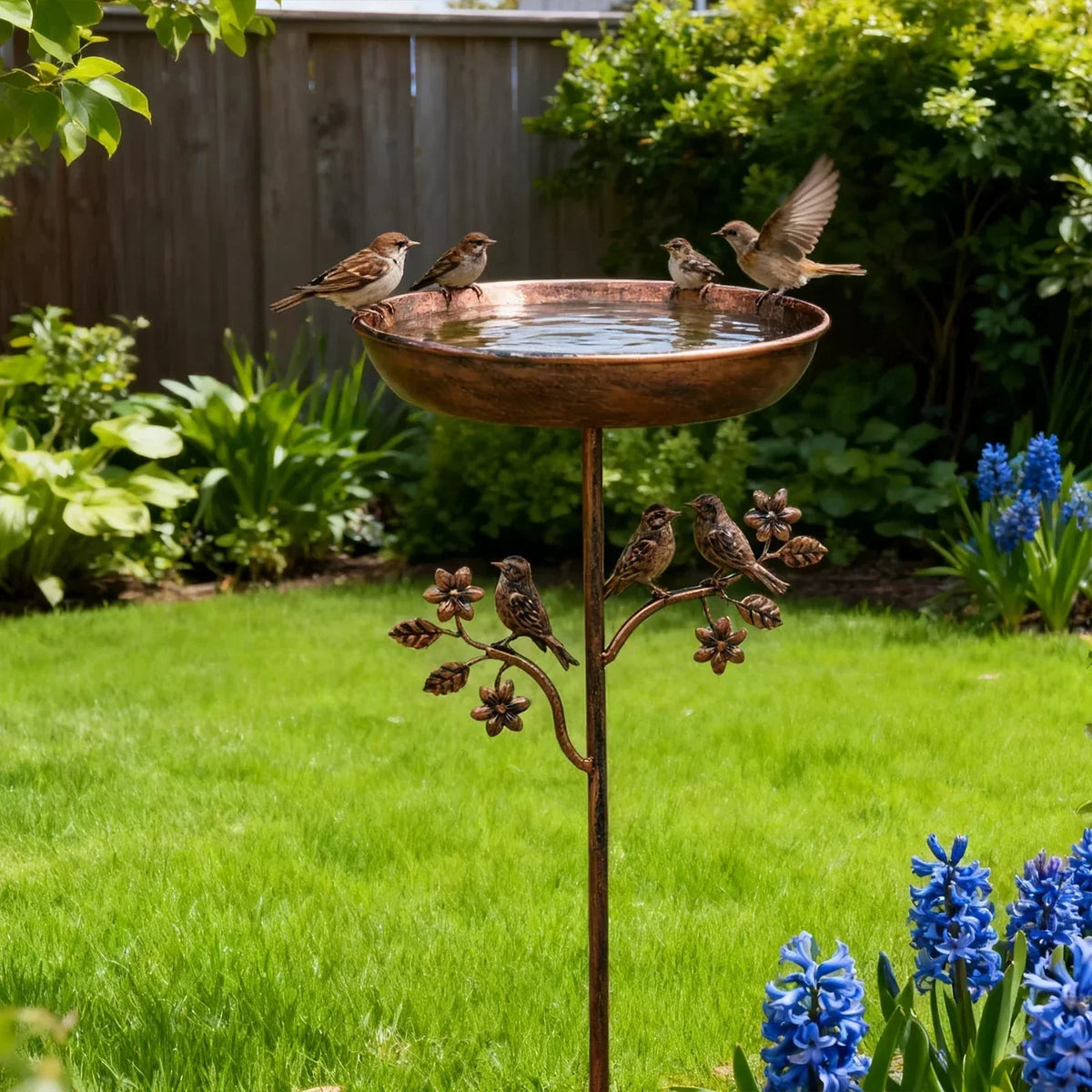Metal Bird Bath Bowl on Decorative Stake for Yard & Garden | Freestanding Water Station with Multi-Prong Ground Spike for Songbirds