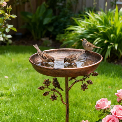 Metal Bird Bath Stake Garden Ornament with Decorative Bowl for Outdoor Yard Feeding Station