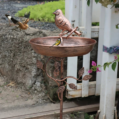 Metal Bird Bath Bowl on Decorative Stake for Yard & Garden | Freestanding Water Station with Multi-Prong Ground Spike for Songbirds