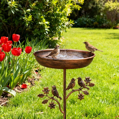 Metal Bird Bath Bowl on Decorative Stake for Yard & Garden | Freestanding Water Station with Multi-Prong Ground Spike for Songbirds