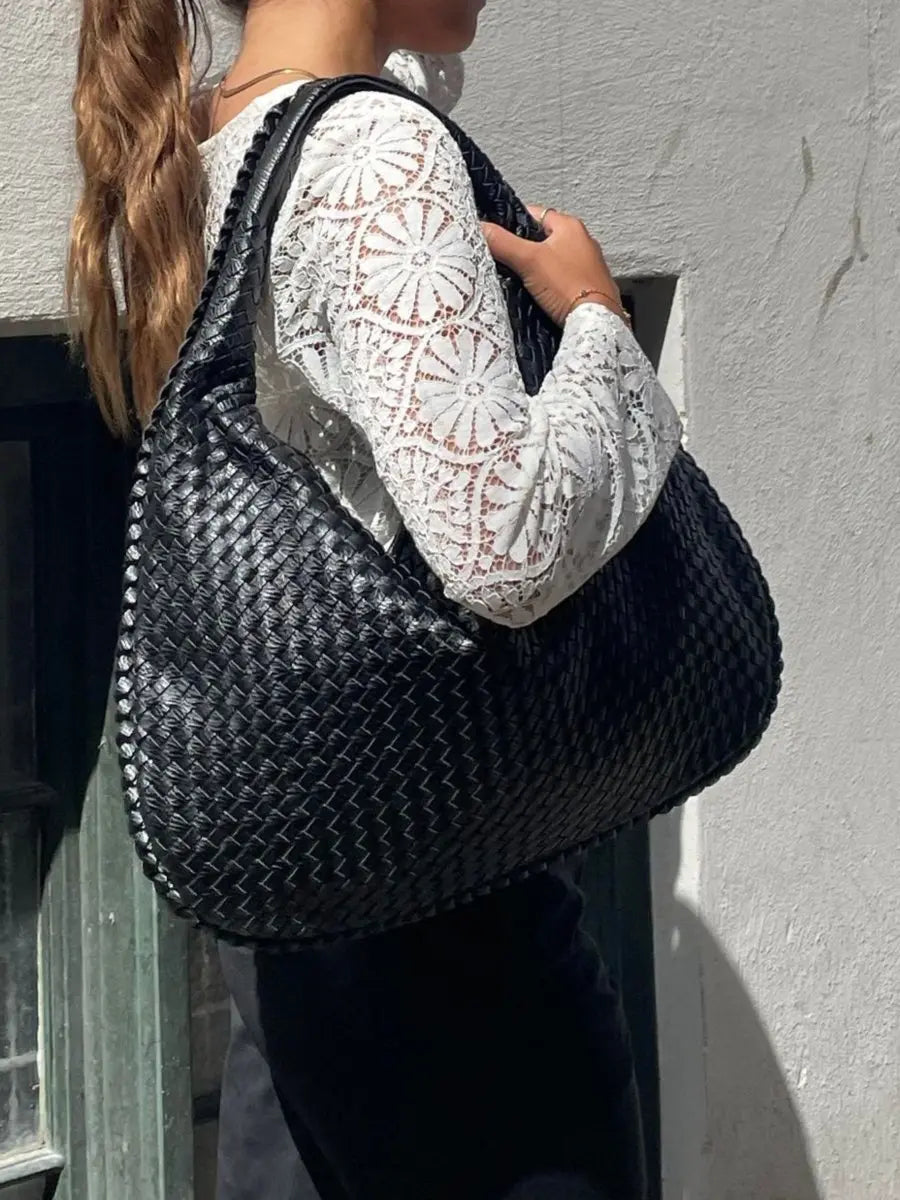 Woven Leather Hobo Shoulder Bag for Women - Soft Genuine Leather Everyday Purse with Zip Closure - Lightweight 19 in Tote for Daily Use