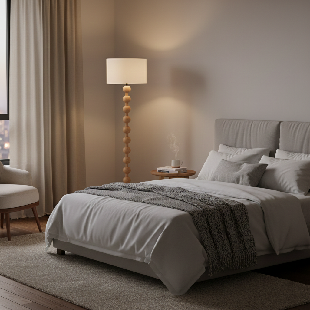Tall Standing Lamp with White Shade 63 Inches Natural Wood Base Dimmable Accent Light for Bedroom Living Room Corner Reading Nook Modern Dec