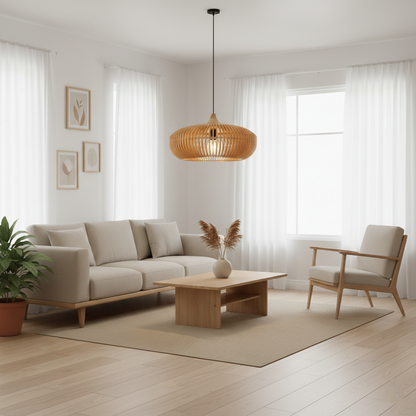 Lámpara de techo redonda de listones de madera natural de 17 pulgadas estilo Japandi, luz colgante ambiental para mesa de comedor, isla de cocina o sala de estar