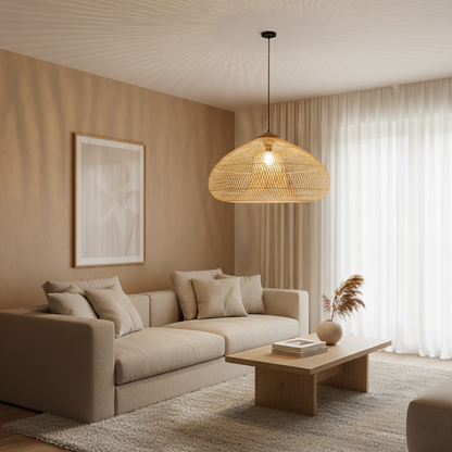 Woven Rattan Ceiling Light Fixture E26 Natural Boho Hanging Lamp for Dining Kitchen Island Bedroom Ambient Lighting Handcrafted Organic Text