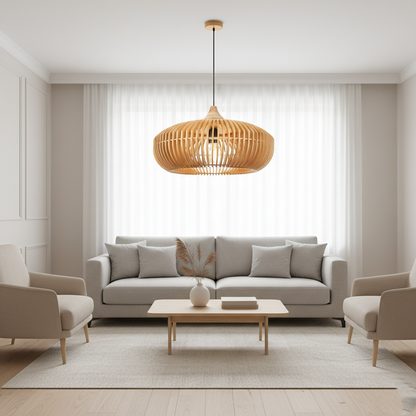 Lámpara de techo redonda de listones de madera natural de 17 pulgadas estilo Japandi, luz colgante ambiental para mesa de comedor, isla de cocina o sala de estar
