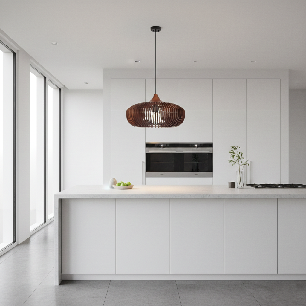 Lámpara de techo redonda de listones de madera natural de 17 pulgadas estilo Japandi, luz colgante ambiental para mesa de comedor, isla de cocina o sala de estar