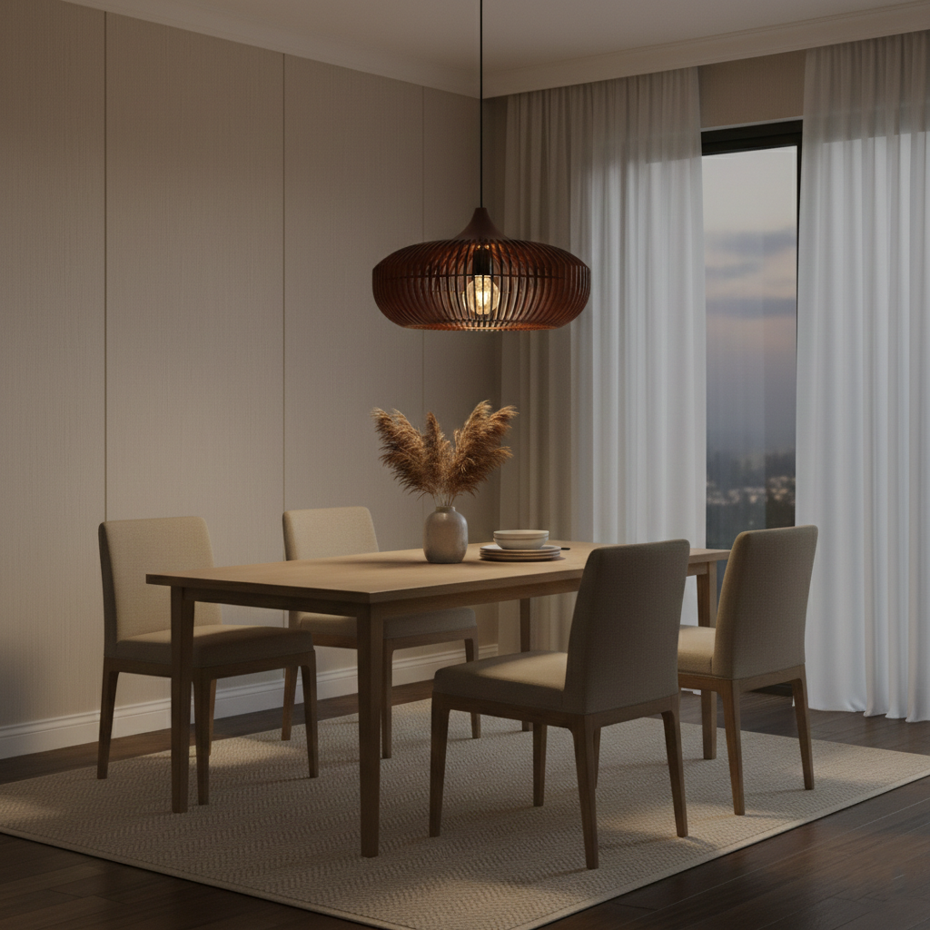 Lámpara de techo redonda de listones de madera natural de 17 pulgadas estilo Japandi, luz colgante ambiental para mesa de comedor, isla de cocina o sala de estar