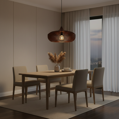 Lámpara de techo redonda de listones de madera natural de 17 pulgadas estilo Japandi, luz colgante ambiental para mesa de comedor, isla de cocina o sala de estar