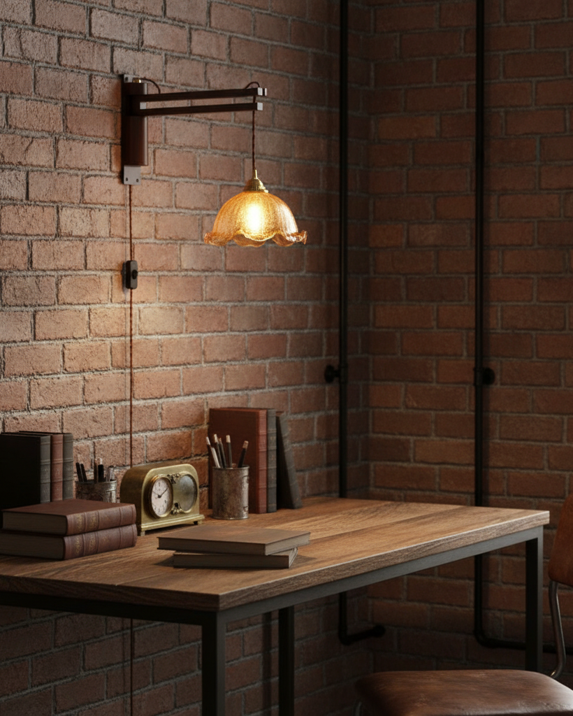 Swing-Arm Sconce with Wood & Brass Construction – Adjustable Directional Lighting for Bedroom, Reading Nook, Hallway – Multiple Shade Styles